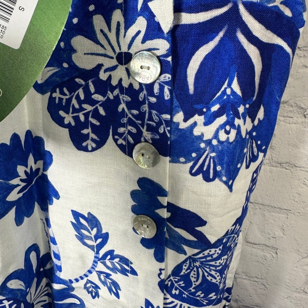 Farm Rio Floral Birds Off White Sleeveless Mini Dress Blue White Linen Blend S - Picture 3 of 13